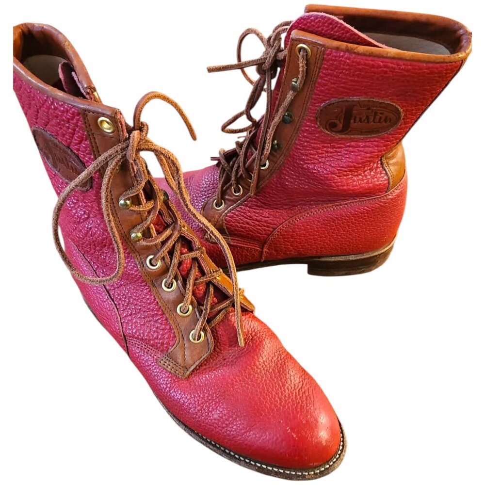 Justin Womens Red Leather Roper Boots Size 7C Vintage Lace-Up Western Style